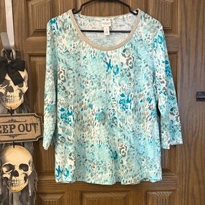 Chico's Aqua and Gray Patterned 3/4 Sleeve Top